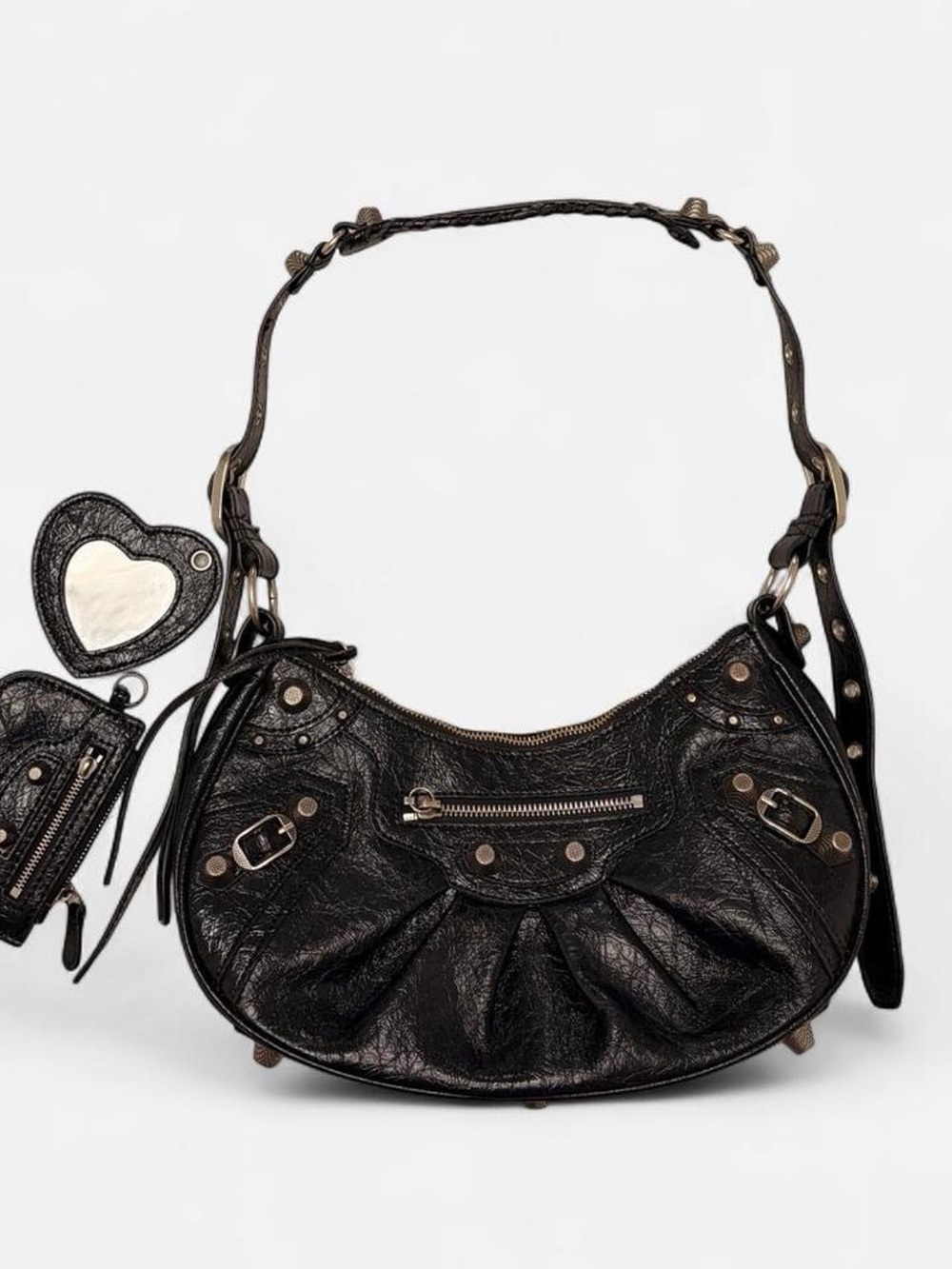 Black Leather Studded Hobo Shoulder Bag - Unbranded